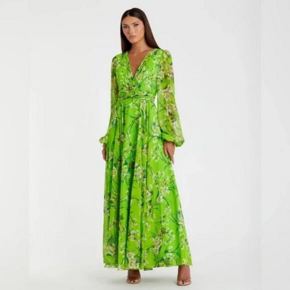 Mac Duggal Green Multi Puff Sleeve Floral Chiffon Gown